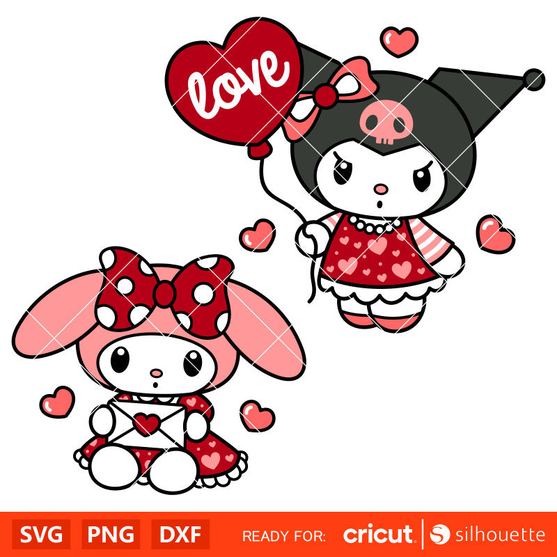 Valentine My Melody & Kuromi Bundle Svg, Valentine’s Day Svg, Sanrio Valentine Svg, Kawaii Svg, Cricut, Silhouette Vector Cut File