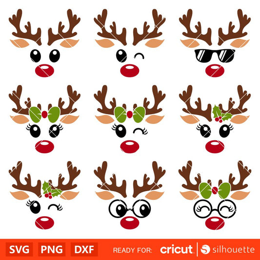 Christmas Reindeer Bundle Svg, Reindeer Face Svg, Merry Christmas Svg, Santa Claus Svg, Cricut, Silhouette Vector Cut File