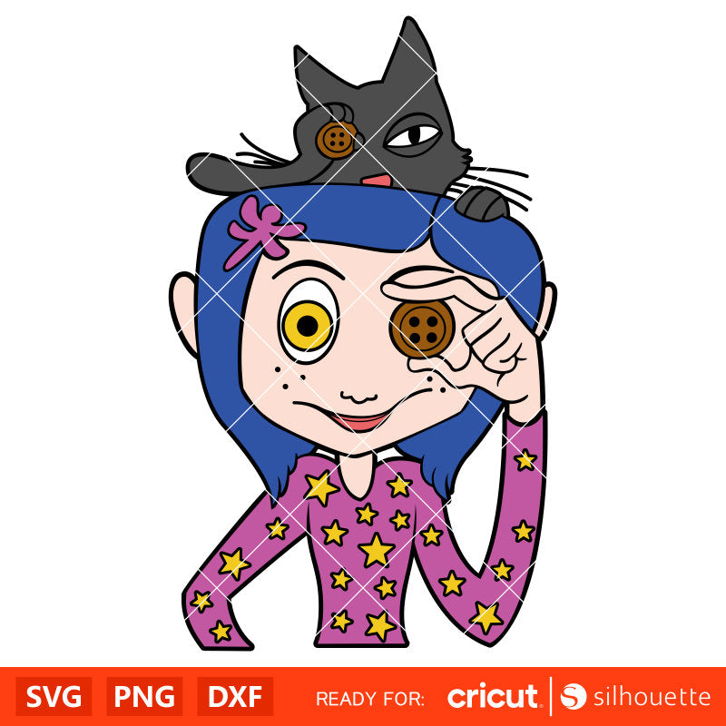 Coraline with Cat Svg, Coraline Button Eyes Svg, Halloween Svg, Horror Svg, Cricut, Silhouette Vector Cut File