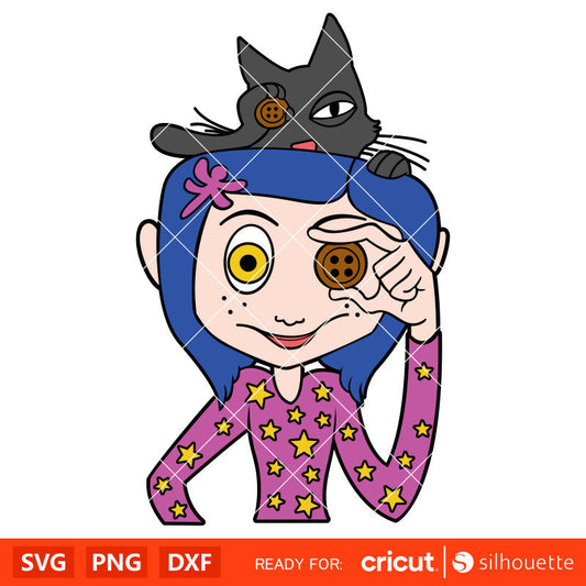 Coraline with Cat Svg, Coraline Button Eyes Svg, Halloween Svg, Horror Svg, Cricut, Silhouette Vector Cut File