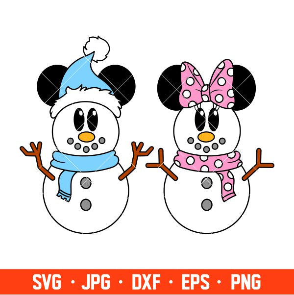 Cute Christmas Mickey & Minnie Snowmen Svg, Christmas Svg, Disney Christmas Svg, Cricut, Silhouette Vector Cut File
