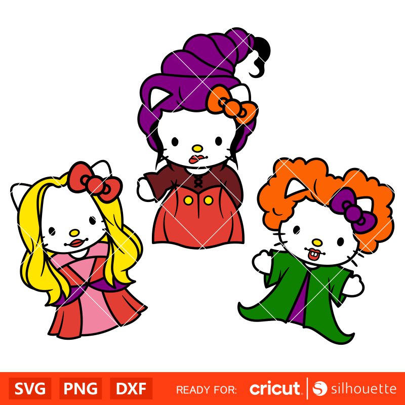 Hocus Pocus Hello Kitty Bundle Svg, Halloween Svg, Spooky Season Svg, Trick or Treat Svg, Cricut, Silhouette Vector Cut File