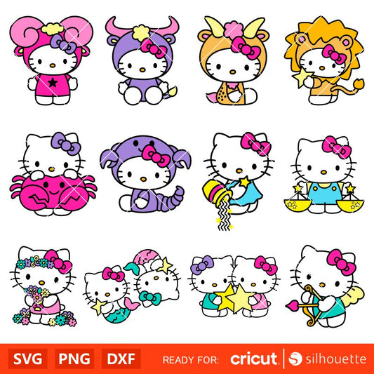 Hello Kitty Zodiac SVG Bundle Svg, Horoscope Svg, Astrology Svg, Cricut, Silhouette Vector Cut File