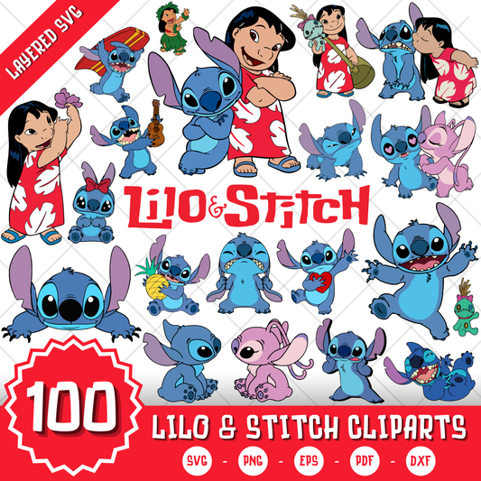 Lilo & Stitch Clipart Bundle, 100 Lilo & Stitch SVG & PNG Files for Cricut / Silhouette