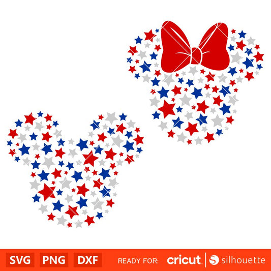 Patriotic Stars Mickey & Minnie Bundle Svg, 4th of July Svg, Independence Day Svg, Disney Svg, Cricut, Silhouette Vector Cut File
