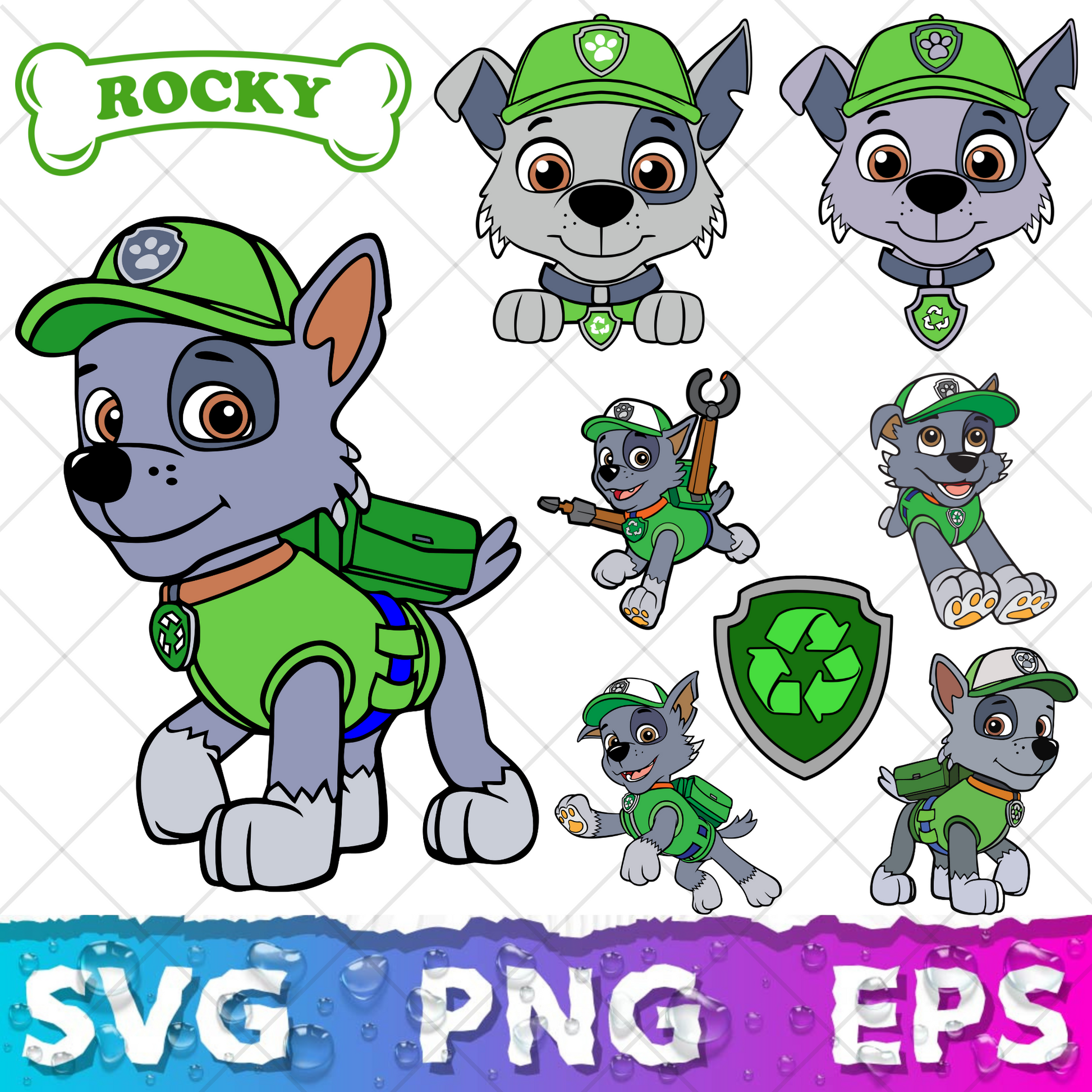 Rocky Paw Patrol Clipart Bundle, Pup Rocky SVG & PNG Files for Cricut / Silhouette