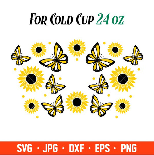 Sunflower Butterflies Full Wrap Svg, Starbucks Svg, Coffee Ring Svg, Cold Cup Svg, Cricut, Silhouette Vector Cut File